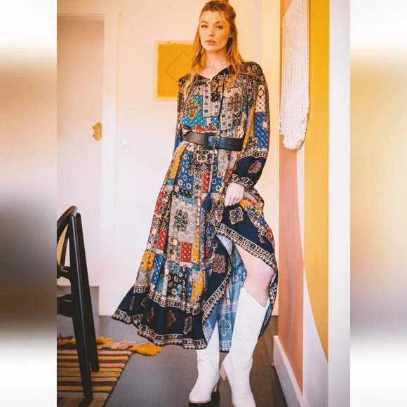 New! Easel Vintage Boho Patchwork Printed Challis Maxi Dress - Picture 1 of 5